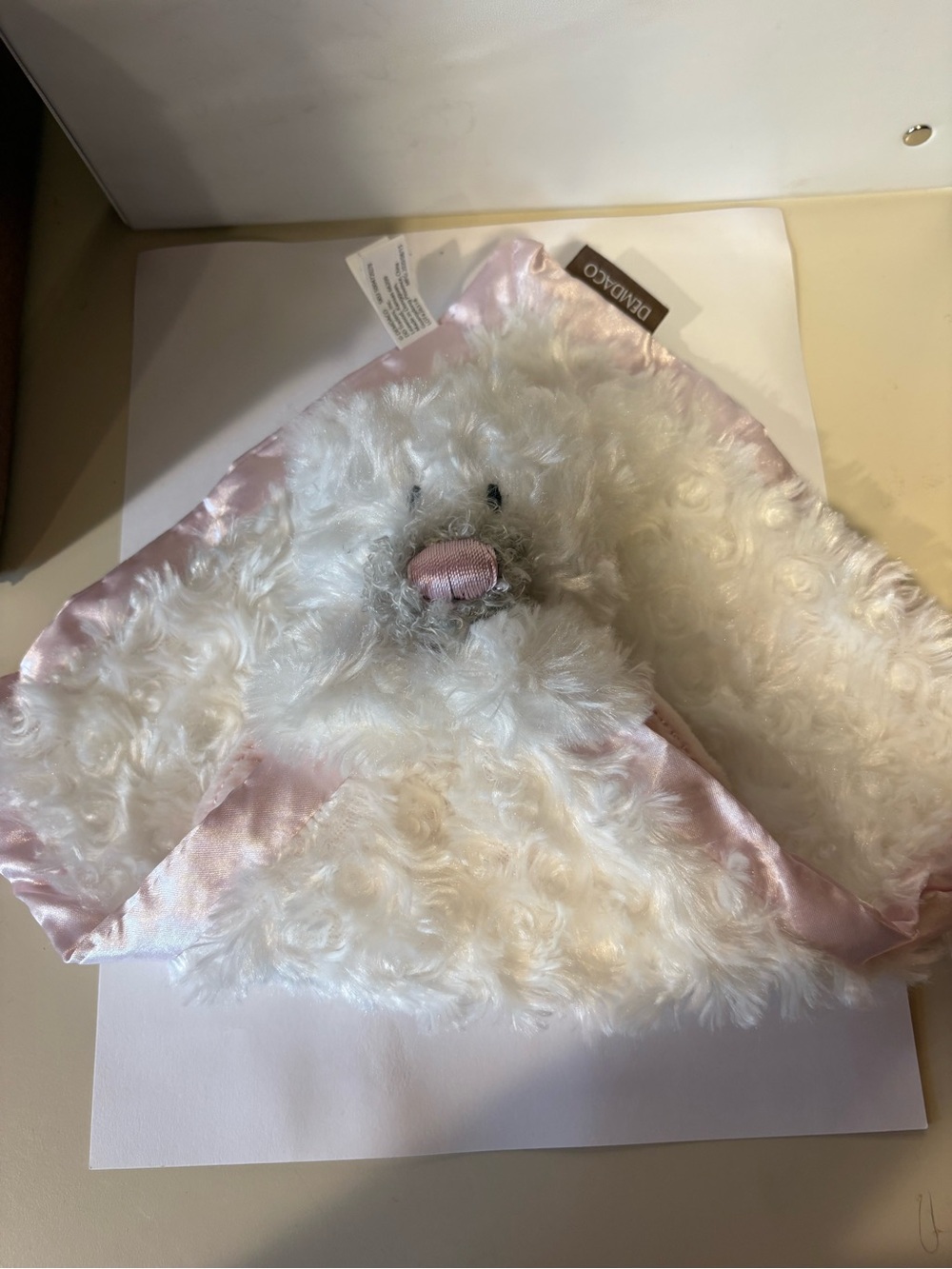 Demdaco Pink & White Plush Bear Lovey baby blanket